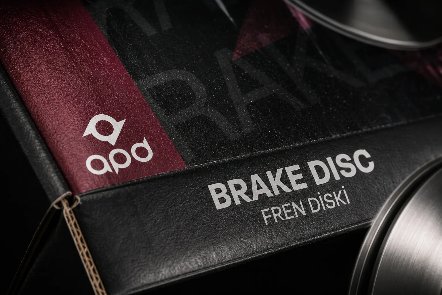APD Fren Diski kutusunun karton, baskı ve metal ürün detayları