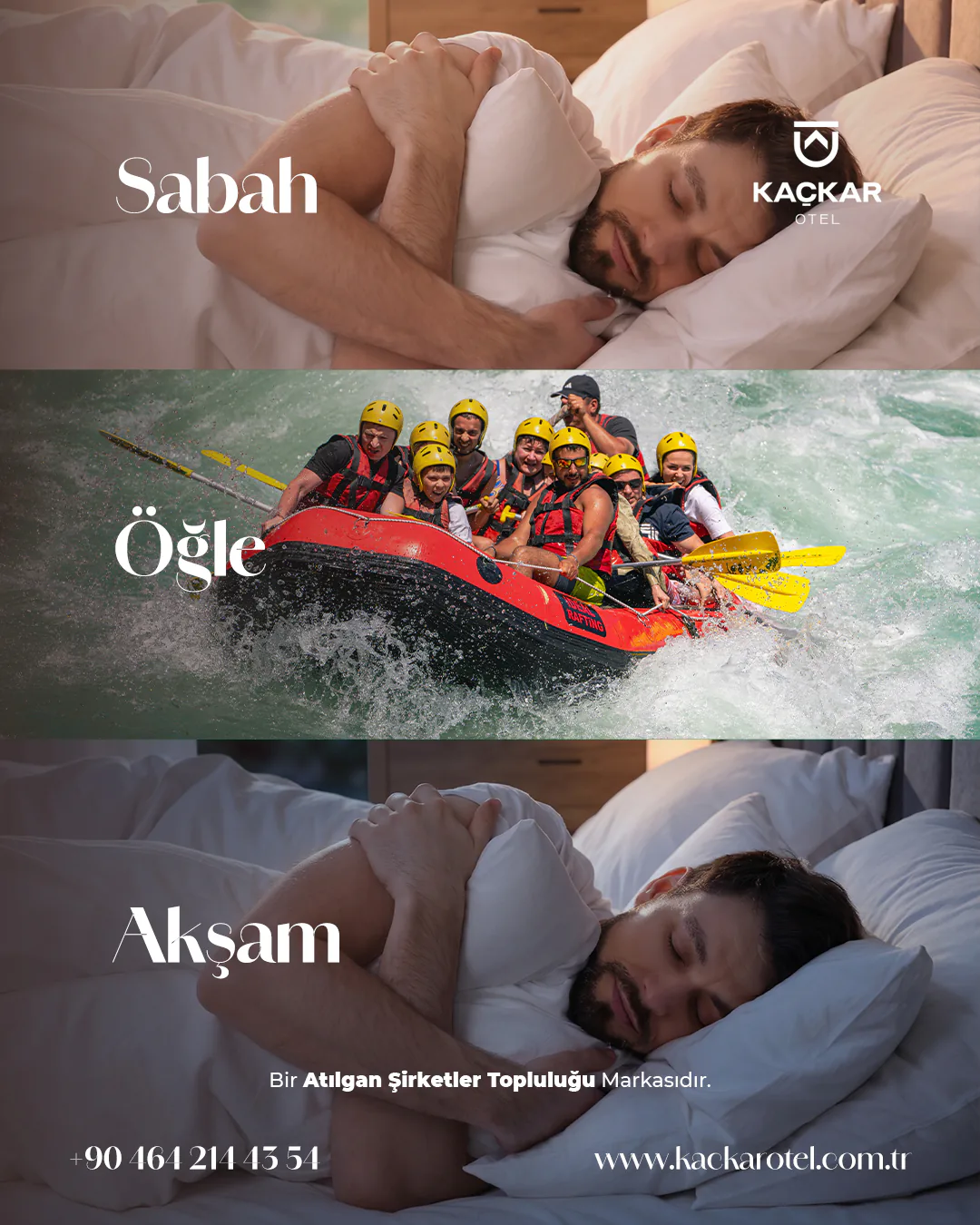 Sabah ve akşam dinlenme, öğle rafting sahneleriyle Kaçkar Otel’de geçen günü anlatan sosyal medya gönderisi
